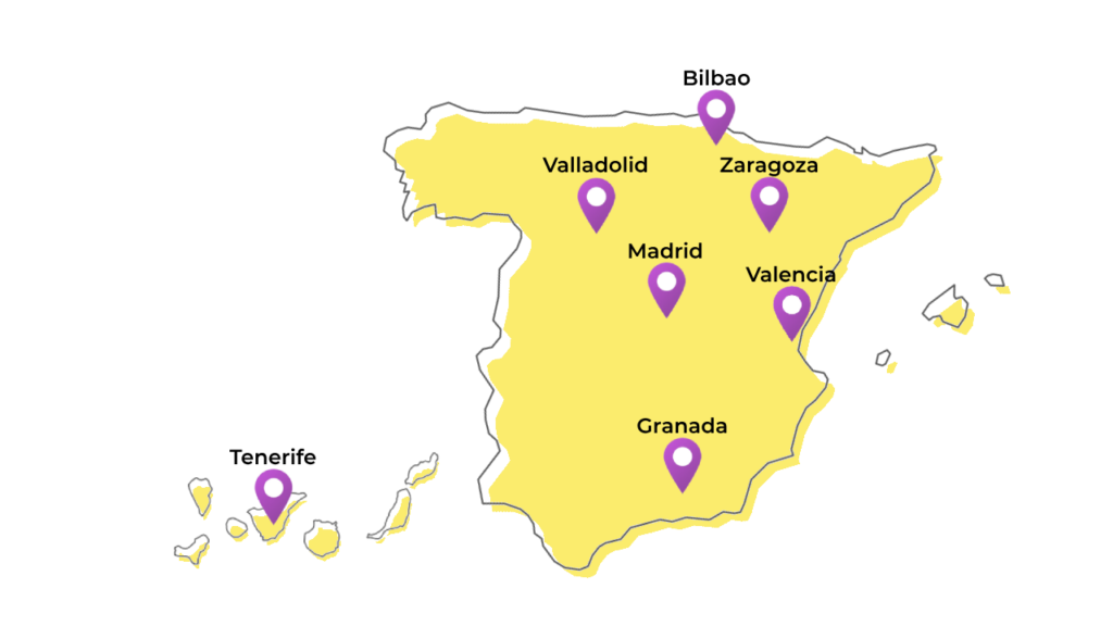 Mapa de españa con algunas ciudades destacadas.