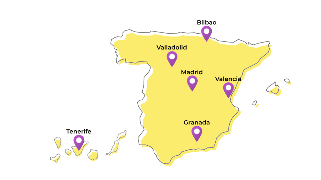 Mapa de españa con algunas ciudades destacadas.